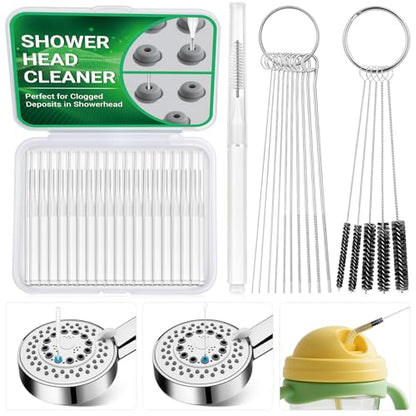 MAPVOLUT 50-in-1 Shower Head Cleaner Kit with Stainless Steel Needles | Reusable Straw Brush | Unclog Tiny Nozzles for Shower, 3D Printer, Straws, Faucets, Electronics | White - color: White