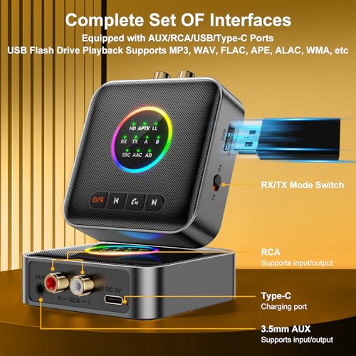 Upgrade Bluetooth 5.2 Transmitter Receiver aptX Adaptive/Low Latency/HD Bluetooth Adapter Support 2 AirPods Headphones, Wireless HiFi Audio Receiver with AUX RCA USB for TV/Car/PC/Home Stereo/Speakers - style: M10-PRO