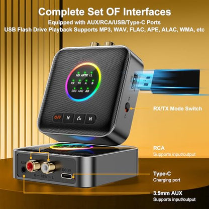 Upgrade Bluetooth 5.2 Transmitter Receiver aptX Adaptive/Low Latency/HD Bluetooth Adapter Support 2 AirPods Headphones, Wireless HiFi Audio Receiver with AUX RCA USB for TV/Car/PC/Home Stereo/Speakers - style: M10-PRO