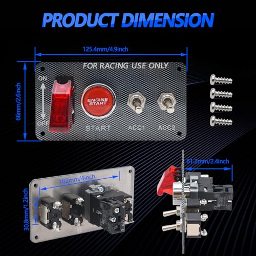 12V Ignition Switch Panel, Ignition Starter Switch Panel, Racing Car Ignition Switch Panel with Engine Push Button, 4 in 1 Ignition Panel Carbon Toggle Switches for Race Car Sport Competitive RV Truck | Racing Car Ignition Switch Panel with Engine Push Bu