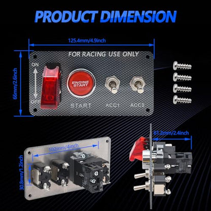 12V Ignition Switch Panel, Ignition Starter Switch Panel, Racing Car Ignition Switch Panel with Engine Push Button, 4 in 1 Ignition Panel Carbon Toggle Switches for Race Car Sport Competitive RV Truck | Racing Car Ignition Switch Panel with Engine Push Bu