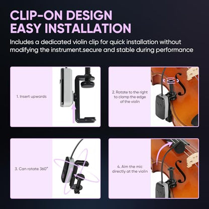 UHF Wireless Violin Microphone System, Rechargeable Clip-on Instrument Microphones with Transmitter and Receiver for Musicians, Teachers, Stage Performances, Active PA Systems - 98ft Range