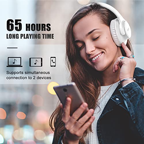 KVIDIO Bluetooth Headphones Wireless Over Ear Headsets 65H Playtime | Deep Bass, HiFi Stereo, Bluetooth 6.0, Microphone, Comfortable Fit, Foldable, Lightweight, Low Latency for Travel Home Office - color: White