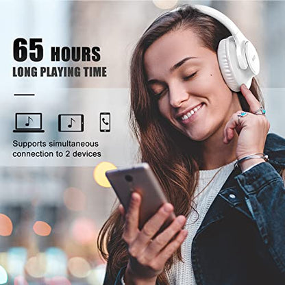 KVIDIO Bluetooth Headphones Wireless Over Ear Headsets 65H Playtime | Deep Bass, HiFi Stereo, Bluetooth 6.0, Microphone, Comfortable Fit, Foldable, Lightweight, Low Latency for Travel Home Office - color: White