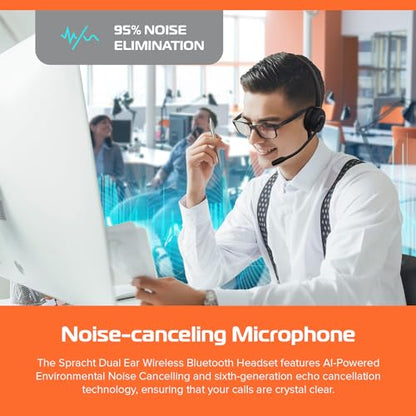Spracht HS-2051 Dual Ear Wireless Bluetooth Headset with Base Station | Wireless Headset for Work | Wireless Headset with Microphone | AI-Powered Noise Cancelling Headset (not for Desktop Phones) - size: Dual-Ear