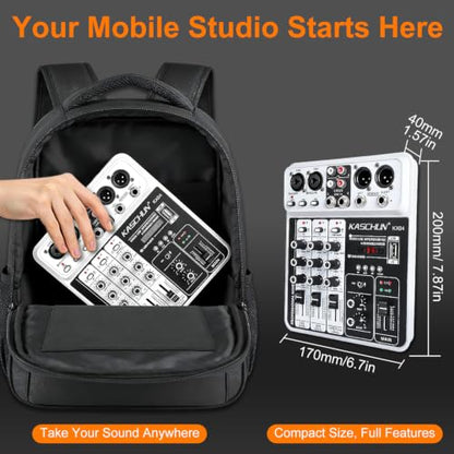 4-Channel DJ Audio Mixer, Bluetooth Sound Board with USB MP3 Input | Compact Mixer Board with 48V Phantom Power, Monitoring, Effects, for Karaoke, Podcast, Live Stream, Home Recording & DJ