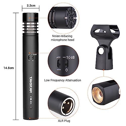 TAKSTAR CM-63 Cardioid Condenser Instrument Microphone with Clip | XLR Gold-Plated Diaphragm, 30Hz-20kHz Response, Low-Noise FET, Low-Cut & -10dB Pad Switch, Requires 48V Phantom Power.