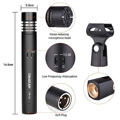 TAKSTAR CM-63 Cardioid Condenser Instrument Microphone with Clip | XLR Gold-Plated Diaphragm, 30Hz-20kHz Response, Low-Noise FET, Low-Cut & -10dB Pad Switch, Requires 48V Phantom Power.