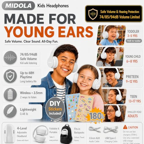 MIDOLA Kids Headphones Bluetooth 5.4 Wireless 68H Play Time Volume Limit 85/94dB Over-Ear Foldable Headset,Type-C Fast Charging, Wired Aux Mic for Toddler Child Pad Tablet White | Adjustable Headband Foldable Over-Ear Lightweight Headsets for Toddler Girl
