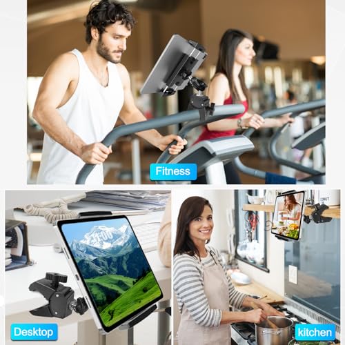 Mic Stand Tablet Holder, 360° Swivel iPad Mic Stand Holder Phone iPad Holder for Mic Stand/ Treadmill/ Spin Bike/ Peloton Exercise Bike Handlebar Mount, Fits 4-12.9" iPad, iPhone, Android Smartphones - size: 4 Inch Arm