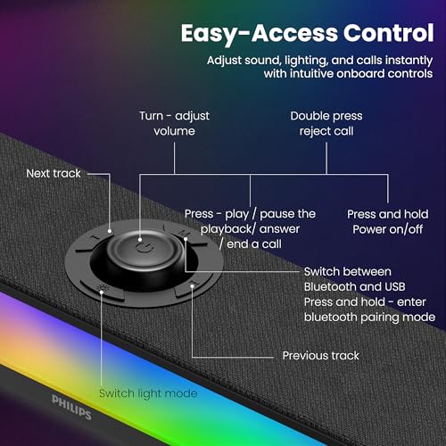 PHILIPS PC Sound Bar, Computer Speakers for Desktop, Bluetooth 5.4 Soundbar with Built-in Microphone, Clear Audio, RGB Lights with Volume Knob, USB Playback, for Laptop, Monitor, Gaming Setup