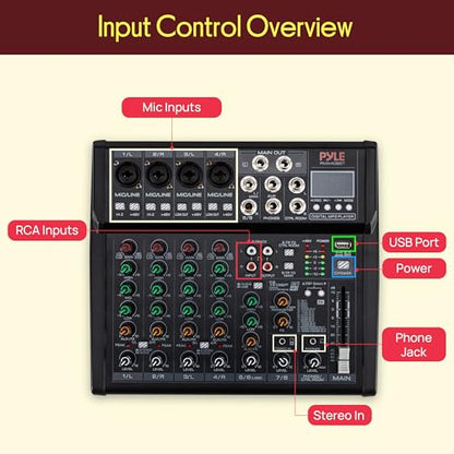 Pyle 8 Channel Studio Mixer - Small Footprint, USB - PC Recording, Bluetooth In, MP3 Player, DSP Effects, +48V Phantom Power, XLR Combo Inputs, Control Room Out, Smooth Dials and Faders - PMX408ST - size: 8