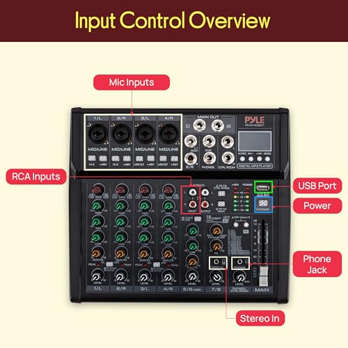 Pyle 8 Channel Studio Mixer - Small Footprint, USB - PC Recording, Bluetooth In, MP3 Player, DSP Effects, +48V Phantom Power, XLR Combo Inputs, Control Room Out, Smooth Dials and Faders - PMX408ST - size: 8