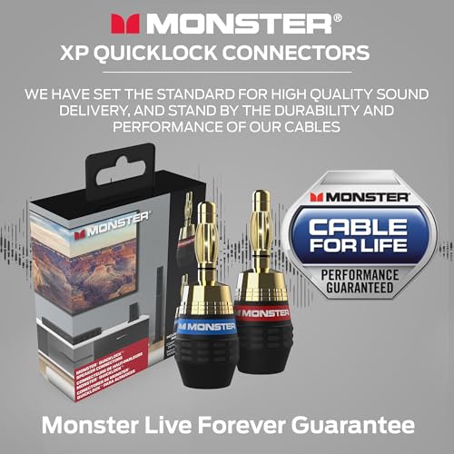 Monster XP QuickLock Banana Plugs for Speaker Wire, Self-Crimping Speaker Wire Connectors, 24K Gold-Plated Audio Connector Plugs, Color-Coded, 2 Pair (4 Plugs)