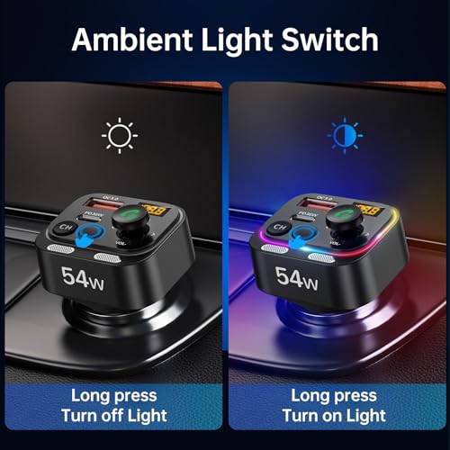 Syncwire Bluetooth 5.4 FM Transmitter Car Adapter 54W with Light Switch | [Stronger Dual Mics] [HiFi Bass Sound] [Fast Charging] Wireless Radio Receiver Hands-Free Calling LED Display - color: Black