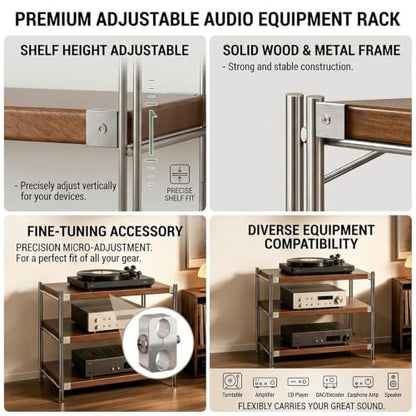 Audio Rack Tower with Adjustable Solid Wood Shelves, Metal Frame Media Rack, AV Media Stand for Stereo Components, Record Player, CD Player, Office, Living Room - size: 60x51x70cm/23.6x20x27.5in
