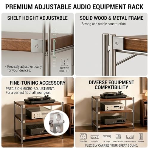 Audio Rack Tower with Adjustable Solid Wood Shelves, Metal Frame Media Rack, AV Media Stand for Stereo Components, Record Player, CD Player, Office, Living Room - size: 60x41x70cm/23.6x16.1x27.5in