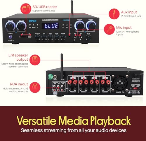 Pyle Home Stereo Receiver with Bluetooth - 4 Channel Amplifier, 800 Watt Max, USB-A Input w MP3 Player, Easy Karaoke Setup with Mic Vol, Reverb and Delay, RCA in/Out, SD Card, FM Radio - PDA77BU