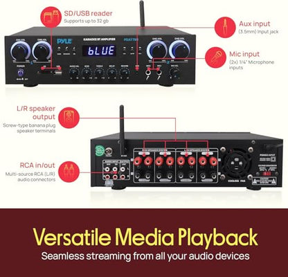 Pyle Home Stereo Receiver with Bluetooth - 4 Channel Amplifier, 800 Watt Max, USB-A Input w MP3 Player, Easy Karaoke Setup with Mic Vol, Reverb and Delay, RCA in/Out, SD Card, FM Radio - PDA77BU