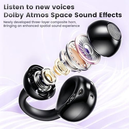 Open Ear Clip Headphones, Wireless Earbuds Bluetooth 5.4 The Over Ear Buds Earphones Built-in Mic with Ear Hooks, 36H Playtime,for iOS and Android (Black) - color: black
