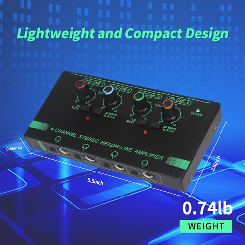 Horse Headphone Amp Amplifier, 4-Channel Metal Stereo Audio Amplifier, Mini Earphone Splitter, 1/4" 1/8" TRS/TS Audio Input and Output for Music Studio, DC 12V(Green&Black) - color: Green&Black(4-Channel)