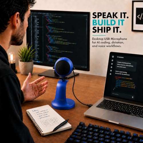 Movo WebMic USB Microphone with Desktop Stand, Royal Blue, Cardioid Condenser, for PC and Mac, with Mic Gain and Headphone Monitoring - color: Royal Blue