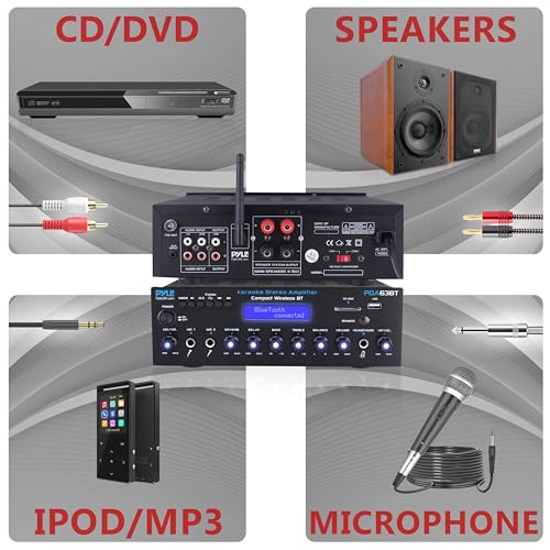 Pyle Wireless BT Stereo Amplifier - Multi Channel, 200 Watt Power, Home Audio Receiver System with FM Radio, BT, USB SD, AUX, RCA, Mic-in, BT and FM Antenna