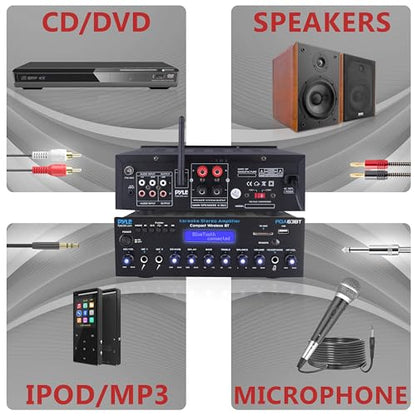 Pyle Wireless BT Stereo Amplifier - Multi Channel, 200 Watt Power, Home Audio Receiver System with FM Radio, BT, USB SD, AUX, RCA, Mic-in, BT and FM Antenna