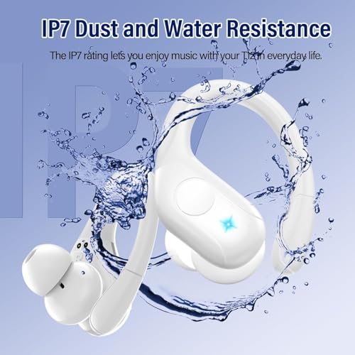 Qecnato Wireless Earbuds Bluetooth 5.4 Headphones 75H Stereo Deep Bass Sports Over Ear Buds with Earhooks, LED Display Bluetooth Earbuds with 4 ENC Mic, IP7 Waterproof Earphone for Running, White