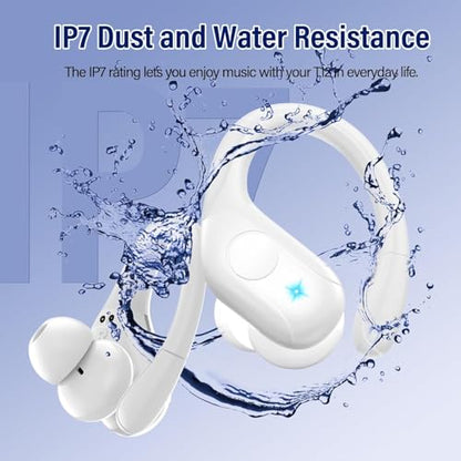 Qecnato Wireless Earbuds Bluetooth 5.4 Headphones 75H Stereo Deep Bass Sports Over Ear Buds with Earhooks, LED Display Bluetooth Earbuds with 4 ENC Mic, IP7 Waterproof Earphone for Running, White