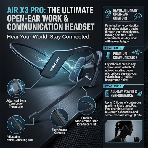 Open Ear Air X3 Bone Conduction Headset with Mic, Dual Connect Wireless Headphones, Noise Cancelling Wireless Headset with Mute Button, Designed for Truck Driver, Meeting, Home Office - color: 2pc*Black