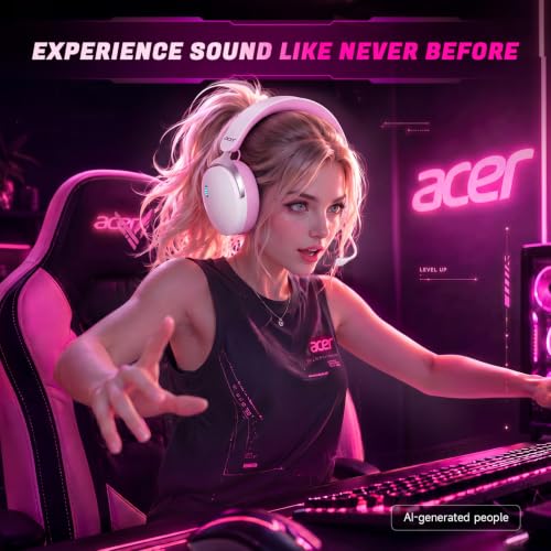 Acer Gaming Headset with Aluminum Frame for PS5, PS4, PC, Switch -PinkWhite | Tri-Mode(2.4GHz/Bluetooth/Wired) Gaming Headphones with ENC Mic, Stereo Sound, 40H Battery, Blue Light Indicator, 50mm Driver - color: PinkWhite