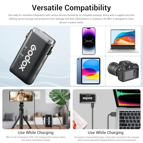 Godox WEC 2.4GHz Wireless Microphone System - 12g Ultra Compact, 200m Range, 24H Recording, Intelligent Noise Cancellation, Compatible with Cameras/Smartphones for Live Streaming, Interviews, Vlogging