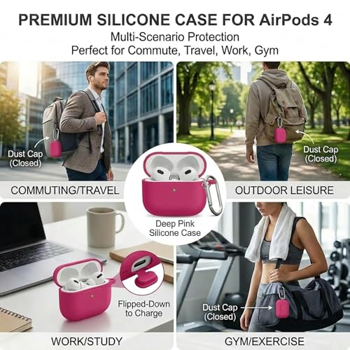 Silicone Case Cover for AirPods 4th Gen, Soft Skin, Full Protection, Keychain, Cleaner Kit (Pink Red) - color: A6-Rose Pink