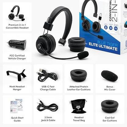 Blue Tiger Elite Ultimate 2-in-1 Bluetooth Headset - Dual & Single Ear | 2-in-1 Mono to Dual Headset with mic, wireless noise cancelling, high-fidelity sound, 60-hour talk time, USB-C, Bluetooth 5.2