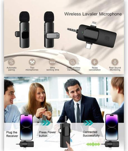 3 in 1 Wireless Lavalier Microphones for iPhone, iPad, Android, Camera, USB-C, 2.4GHz, Noise cancelation/Reduction, 70ft Range, for Video Recording, Live Streaming, Vlog, YouTube, TikTok