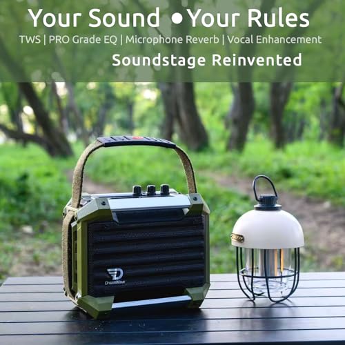 Dreamwave Rockstar Mini Outdoor Bluetooth Speaker, Compact 40W RMS Portable Speaker with Clear Vocals, Deep Bass, 29H Playtime, IP66 Waterproof, Karaoke Mic Input, Bass & Treble EQ, TWS Stereo - color: Tactical Green