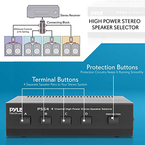 Pyle 4-Channel High Power Stereo Speaker Selector - A/B/C/D | For Multi-Channel High-Power Amp Installations - Supports up to 4 Pairs of Switched Speakers - PSS4