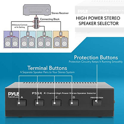 Pyle 4-Channel High Power Stereo Speaker Selector - A/B/C/D | For Multi-Channel High-Power Amp Installations - Supports up to 4 Pairs of Switched Speakers - PSS4