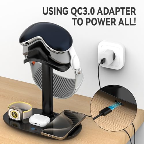Airpod Max Charger Stand with 15w Wireless Charger, Suguder 4 in 1 Headset Holder for Apple Accessories Charging with AirPods Max/Pro/iWatch/iPhone/Vision Pro, Headphones Stand for Desk Organizer