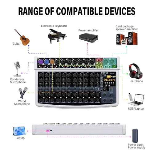 BOMGE 12 Channel Professional Audio Mixer, Bluetooth Studio Mixer with USB, 48V Power, XLR/RCA Inputs, 99 DSP Effects For Professional and Beginners (12F-W)