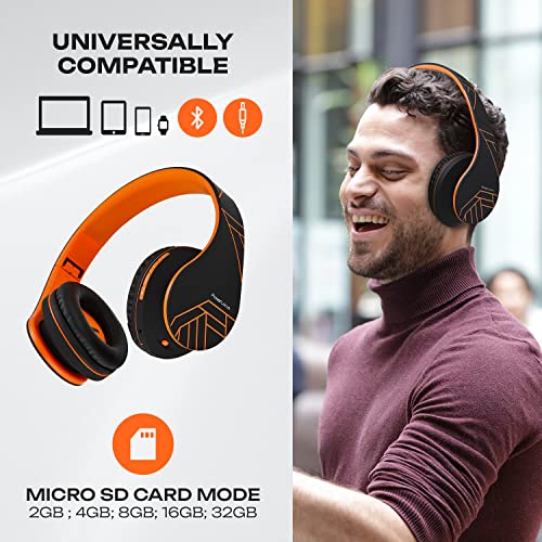 PowerLocus Bluetooth Over-Ear Headphones, Wireless Stereo Foldable Headphones Wireless and Wired Headsets with Built-in Mic, Micro SD/TF, FM for iPhone/Samsung/iPad/PC (Black/Orange) - color: Black/Orange