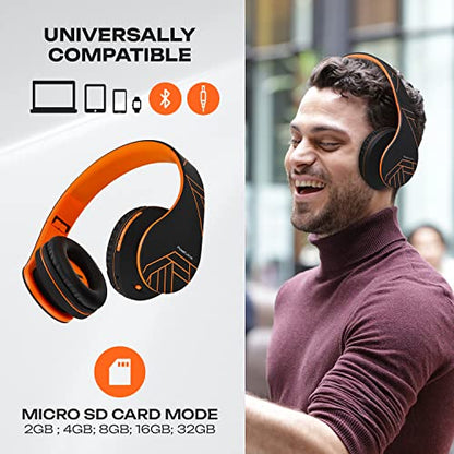 PowerLocus Bluetooth Over-Ear Headphones, Wireless Stereo Foldable Headphones Wireless and Wired Headsets with Built-in Mic, Micro SD/TF, FM for iPhone/Samsung/iPad/PC (Black/Orange) - color: Black/Orange