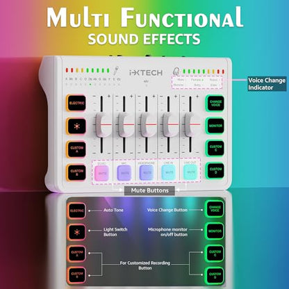 IXTECH Gaming Audio Mixer 4 Channel Soundboard, Streaming RGB PC Audio Interface with XLR Microphone Support, Audio Equalizer for Gaming Podcast Streaming Karaoke, Individual Volume Controls (White)