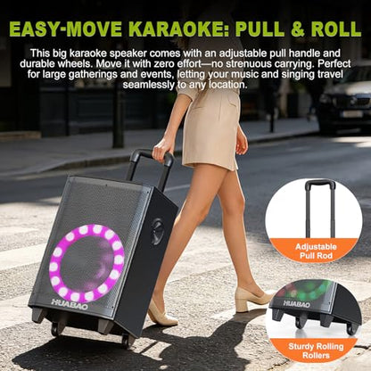 Large Bluetooth Karaoke Speaker with 2 Wireless Microphones, 11 Speaker System with 8800mAh Battery, Trolley PA System with Lights, Remote, FM/AUX/USB/TF, Bass & Treble Adjust, Ideal for Outdoor Party - size: A115