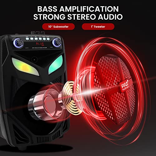 Portable Bluetooth PA Speaker System - 600W 10” Outdoor BT Speaker - Includes 2 Wireless Microphones, Party Lights, USB SD Card Reader, FM Radio, Rolling Wheels - Remote Control - Pyle PPHP101WMB - style: Speaker System