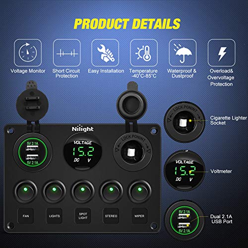 Nilight 5 Gang Multi-Function Rocker Switch Panel On Off SPST Toggle | 12V 12V/20A 24V/10A Dual USB Charger LED Voltmeter Cigarette Lighter for LED Light Bar Rear Rock Lights Trucks RV Boats 4X4 Green - color: Green