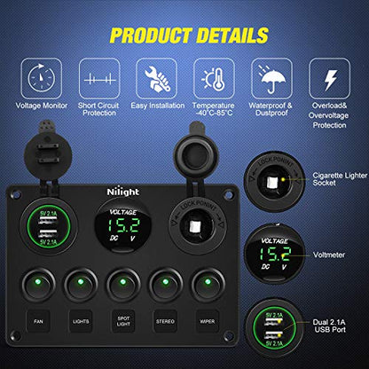 Nilight 5 Gang Multi-Function Rocker Switch Panel On Off SPST Toggle | 12V 12V/20A 24V/10A Dual USB Charger LED Voltmeter Cigarette Lighter for LED Light Bar Rear Rock Lights Trucks RV Boats 4X4 Green - color: Green