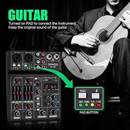 Professional Audio Mixer, 4 Channel Sound Mixer With Dual Wireless Mic, Sound Board Console MP3 Bluetooth 48V Phantom Power USB Interface DJ Mixing for Home Karaoke Party Computer Studio Recording