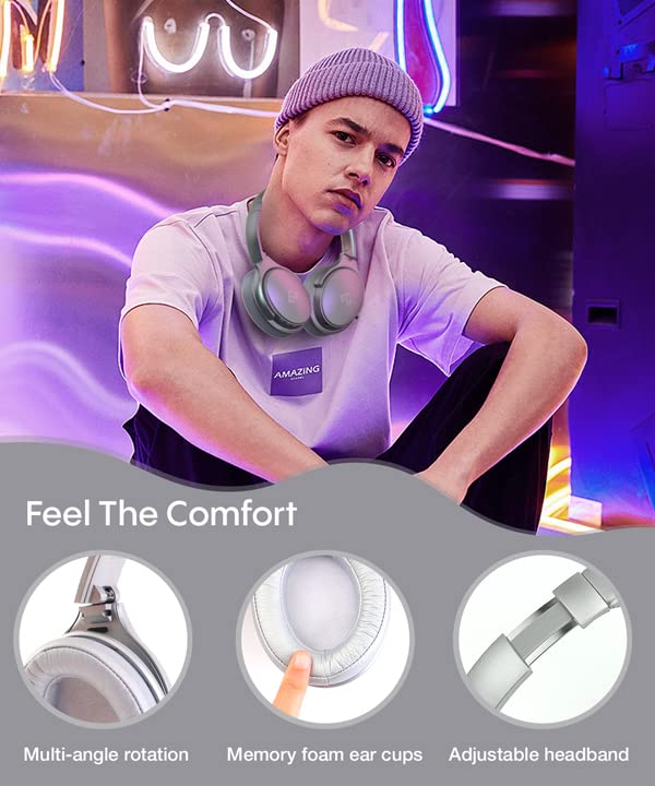 INFURTURE H1 Active Noise Cancelling Bluetooth Headphone Over Ear Deep Bass | Comfortable, Hi-Fi Stereo, 90H Playtime, Low Latency, Foldable Lightweight for Travel, Office, Sport Running - White - color: Silver